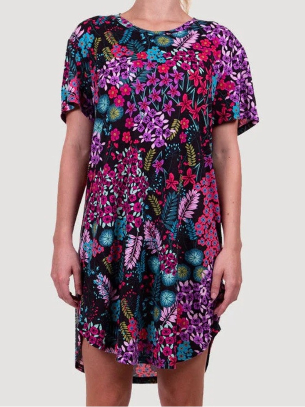 Vibrant Floral in Black with Pink & Purple Blooms Natori Sleep Shirt